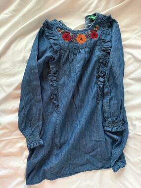 dip Blue Denim Dress with Red and Orange Floral Embroidery